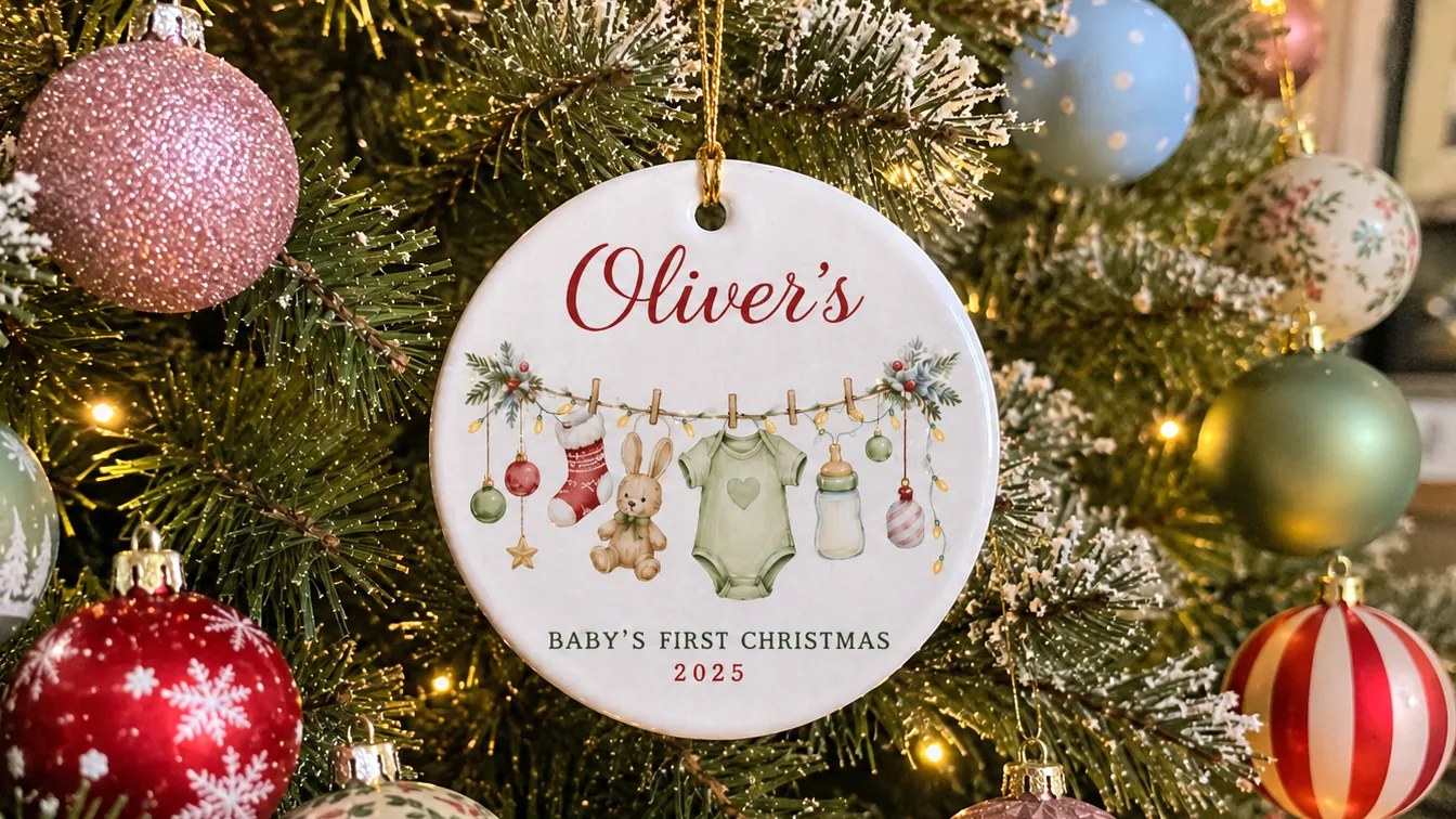 Personalized round ceramic ornament featuring a custom baby name and baby's first Christmas design.