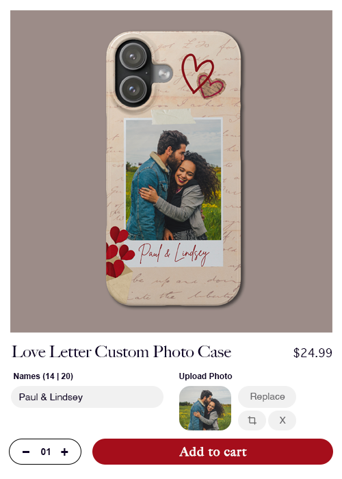 Shoppers customizing a personalized photo phone case ornament with live preview on an online store