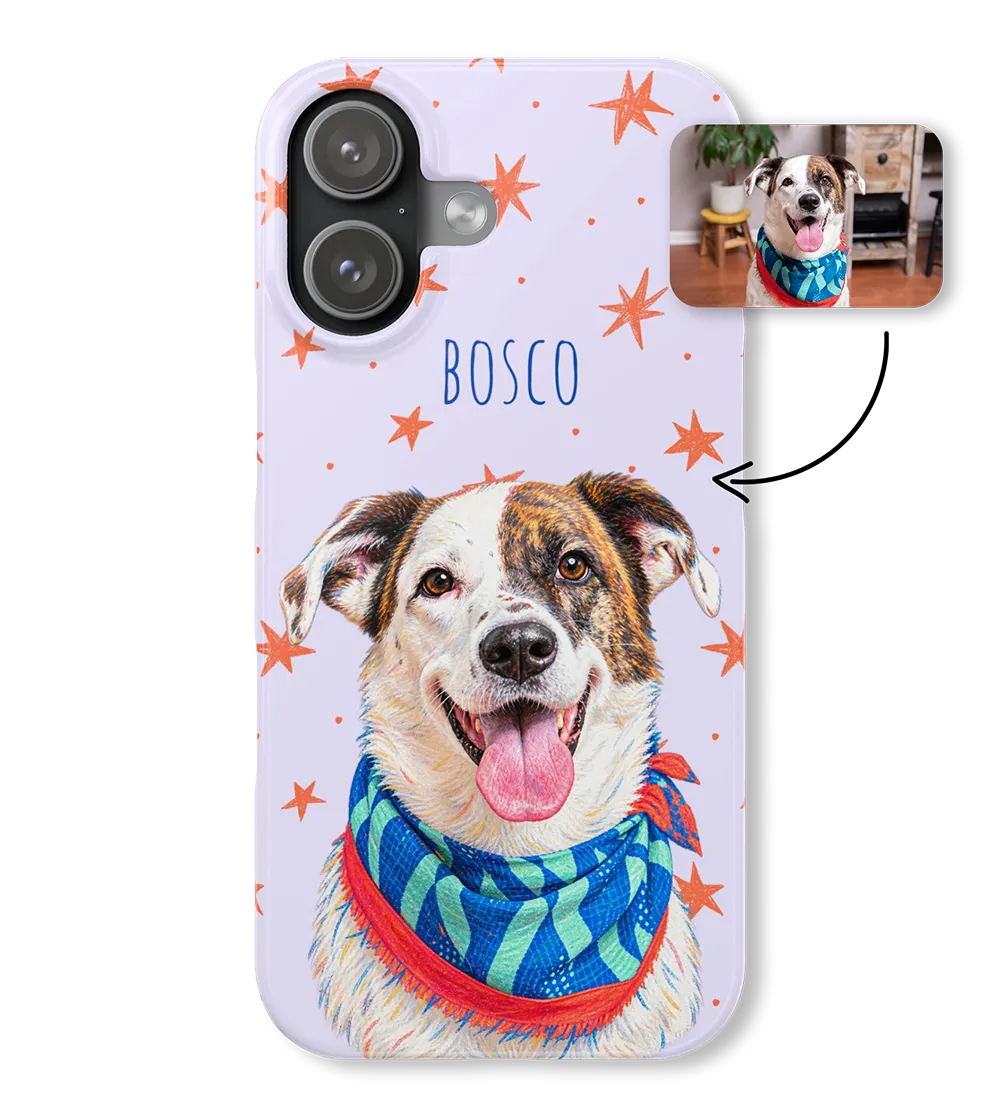 Custom pet photo phone case created with shopper photo upload and AI image effects