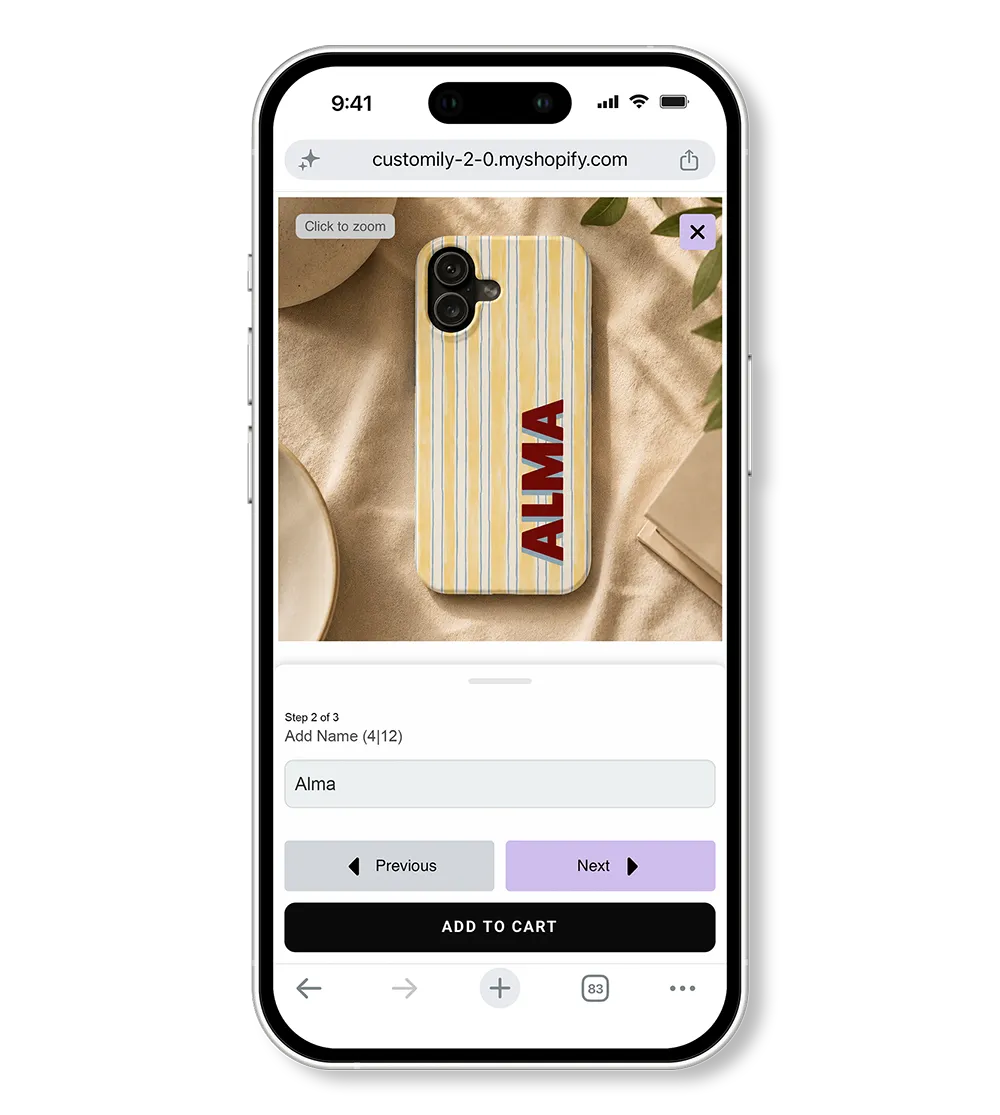 Personalized phone case customized through a mobile-optimized shopping interface