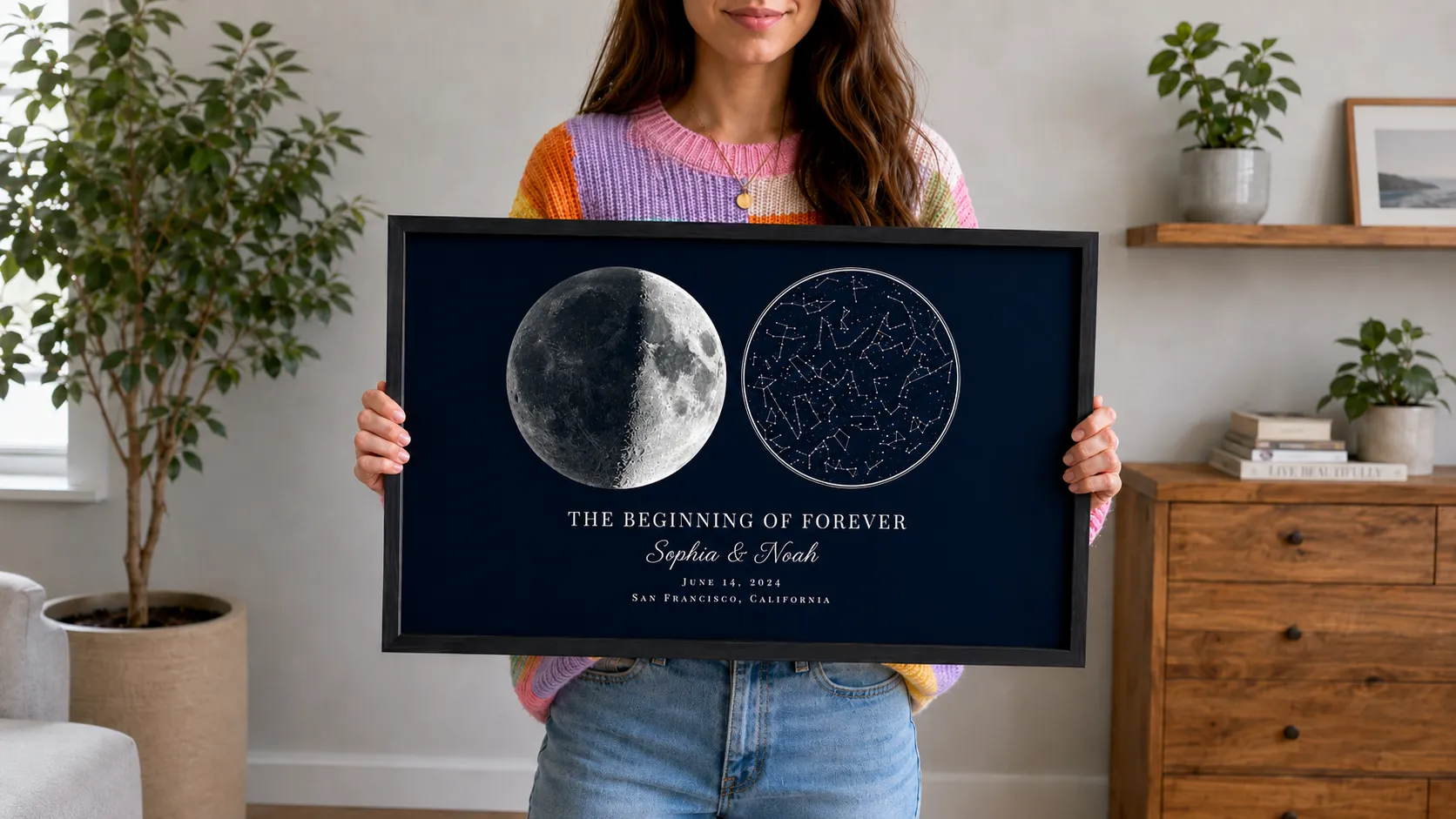 Personalized framed moon and star map poster with couple’s names, date, and location