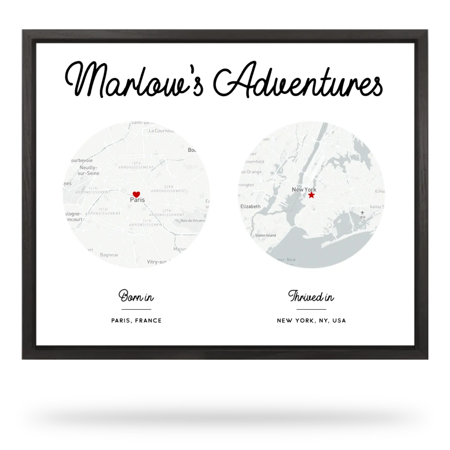 Personalized framed print with custom maps by Conquest Maps sold with Customily