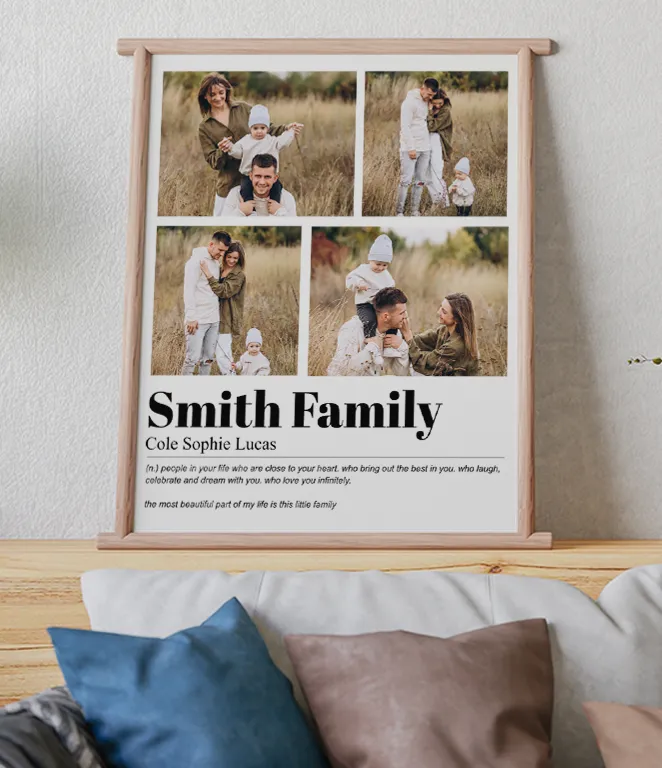 Personalized framed family photo collage with custom family names