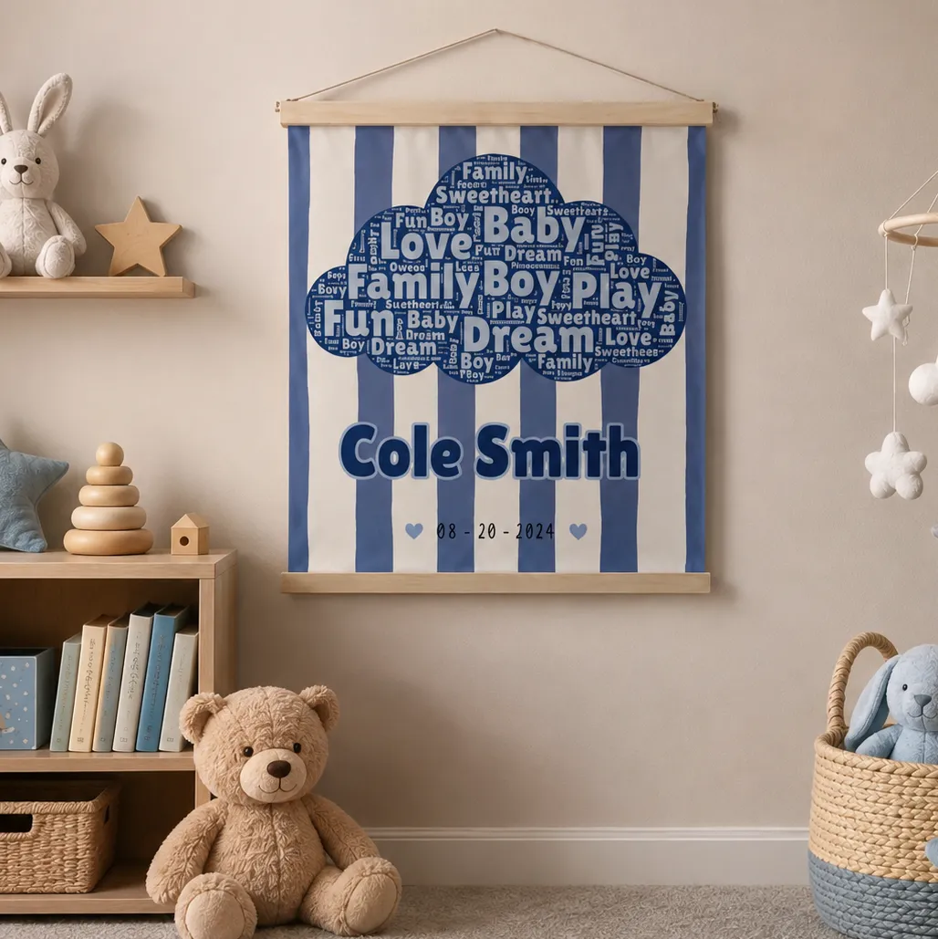 Personalized nursery hanging tapestry with child’s name, birth date, and custom word cloud