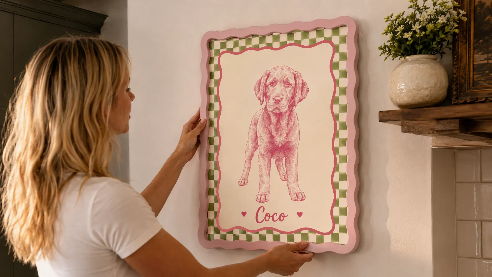 Personalized framed pet portrait with custom dog illustration and pet name