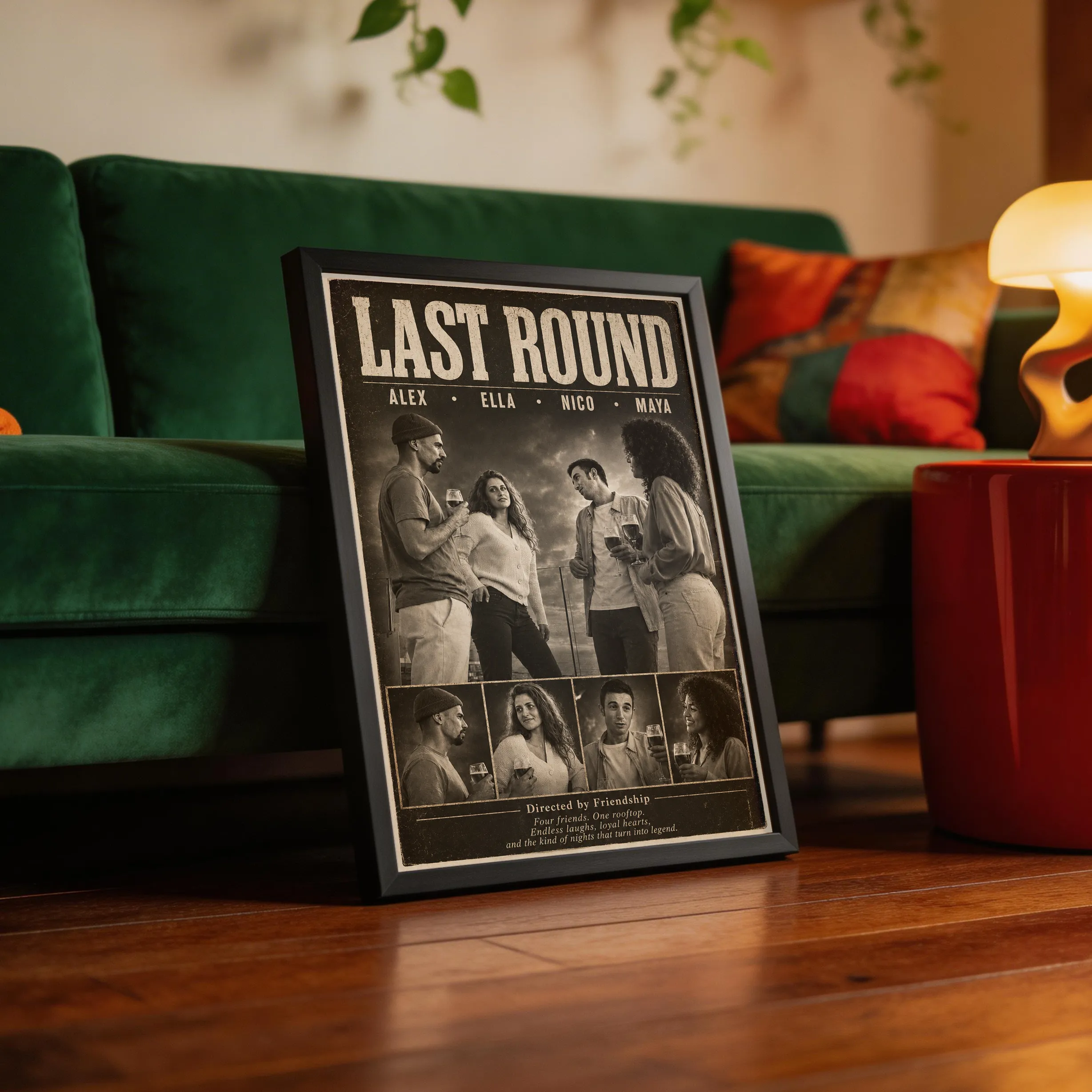 Personalized framed movie poster with custom photos, names, and movie-style text