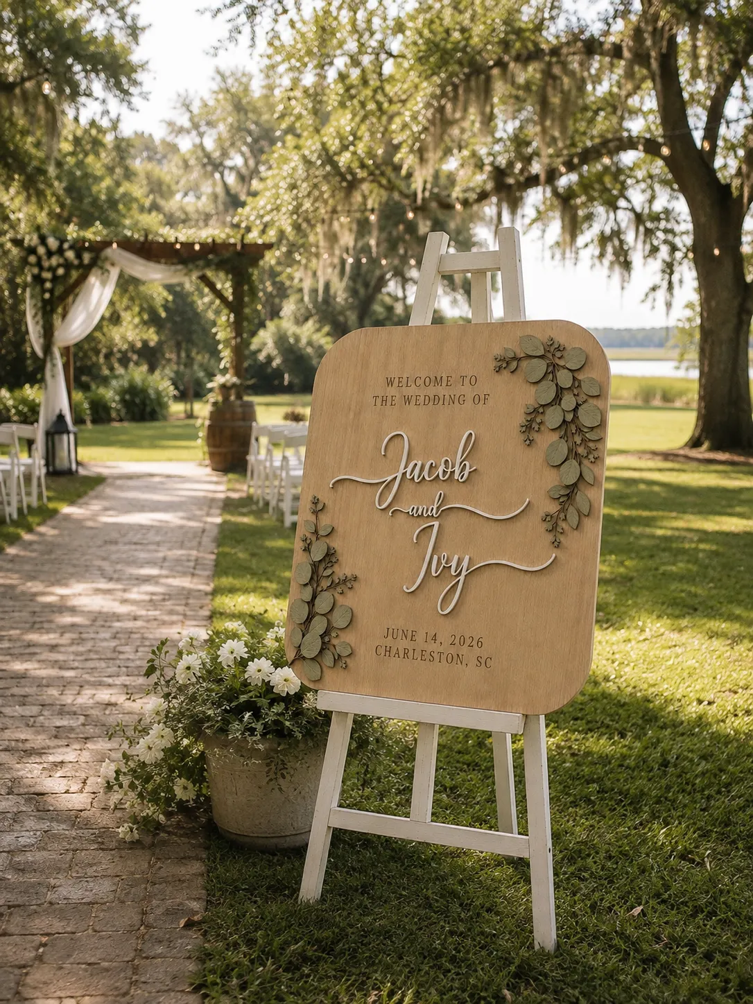 Personalized wooden wedding sign with couple’s names, wedding date, and location