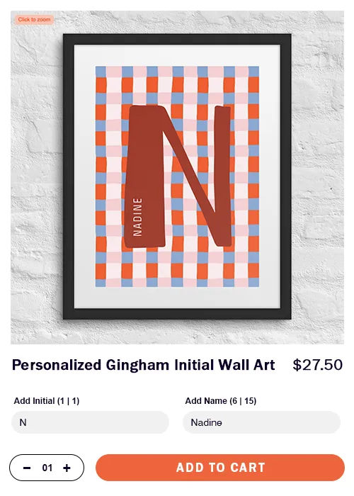 Shoppers customizing a personalized initial wall art with live preview on an online store