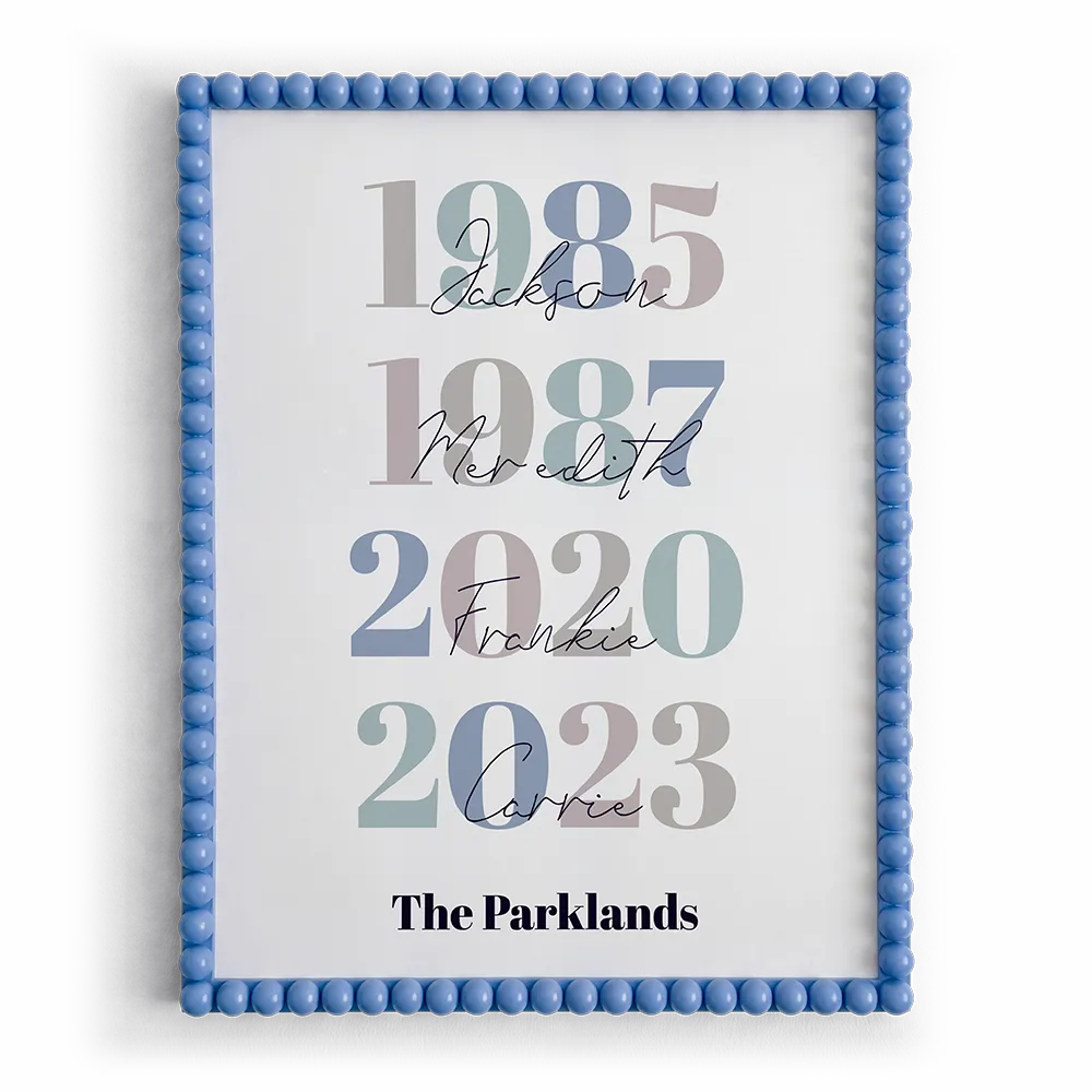 Personalized framed poster with customizable text, fonts, and color options