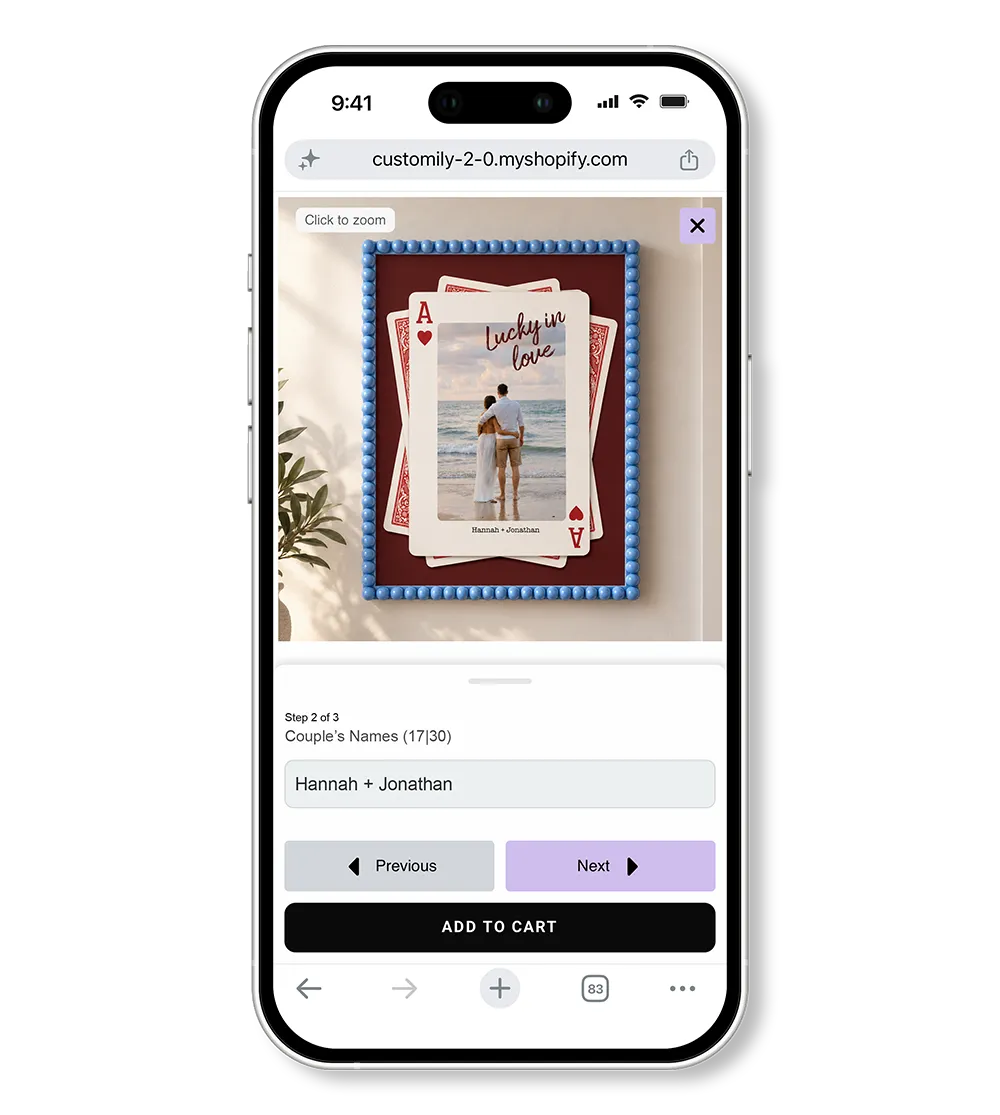 Personalized framed poster customized through a mobile-optimized shopping interface