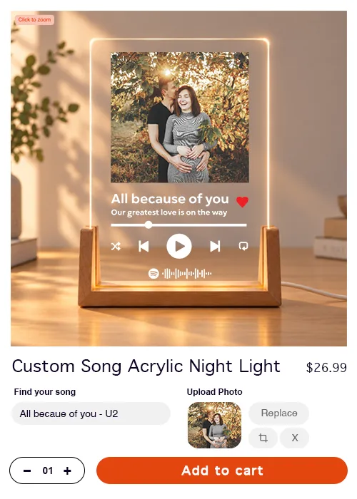 Shoppers customizing a personalized photoa and music acrylic plaque with live preview on an online store