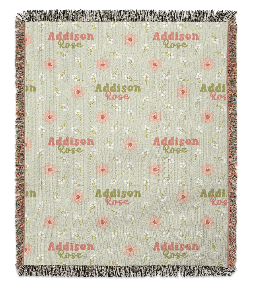 Personalized woven blanket with a customizable name pattern design with font and color options