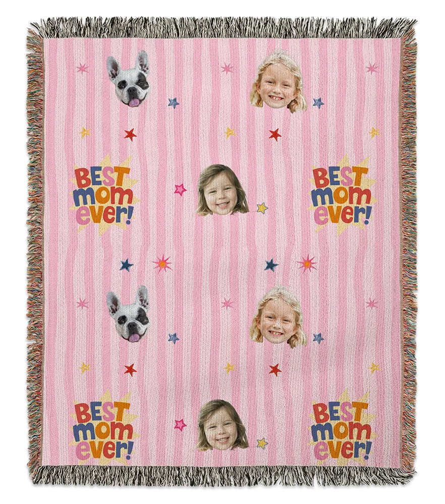 Custom photo blanket created with shopper photo uploads and AI face crop