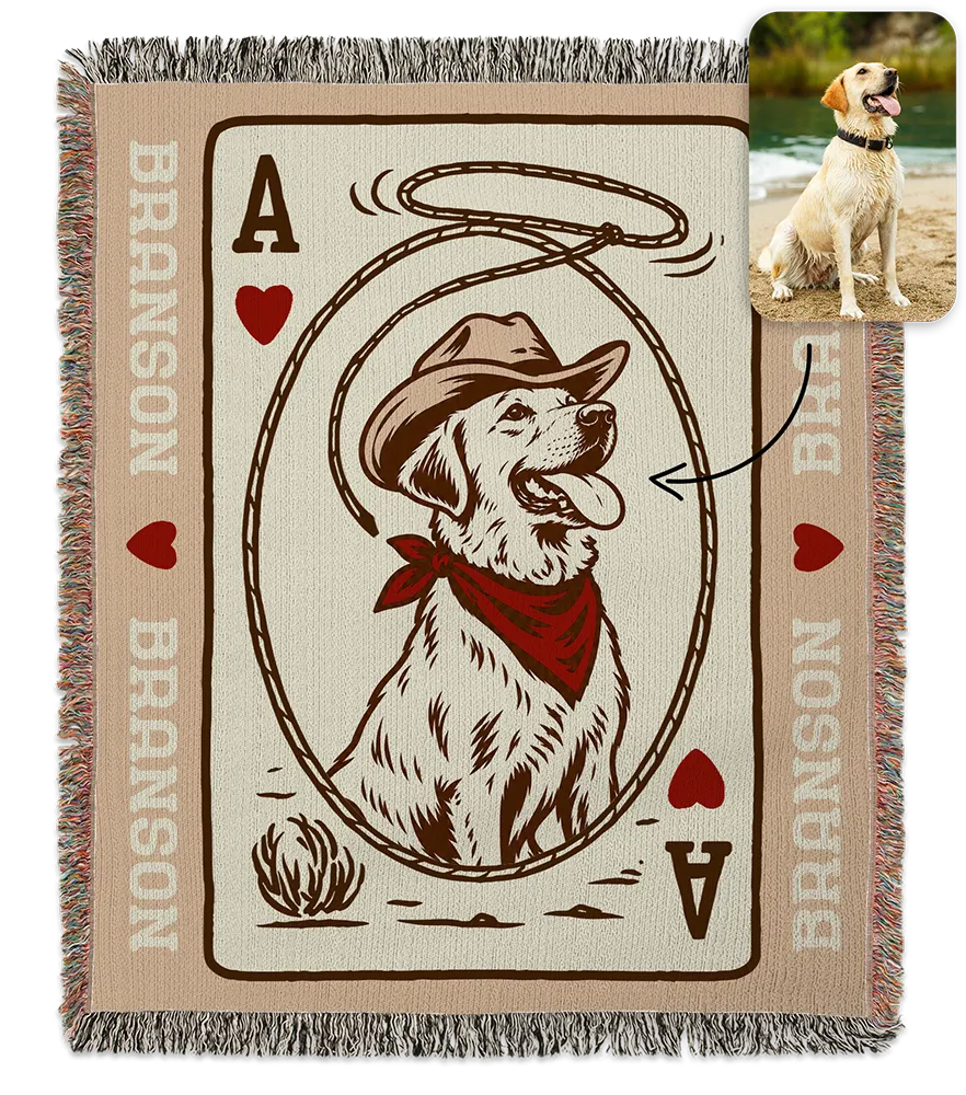 Custom pet woven blanket created with shopper photo upload and AI image effects