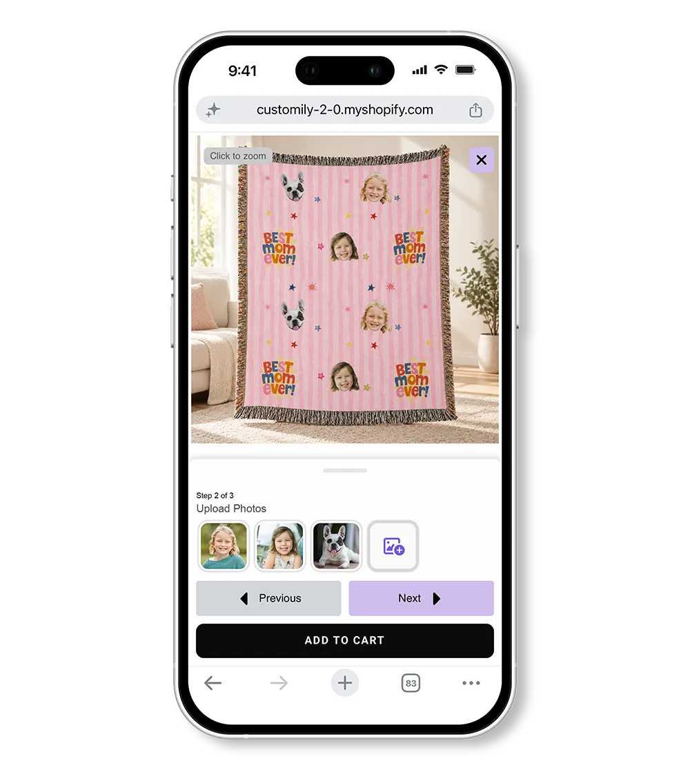 Personalized woven blanket customized through a mobile-optimized shopping interface