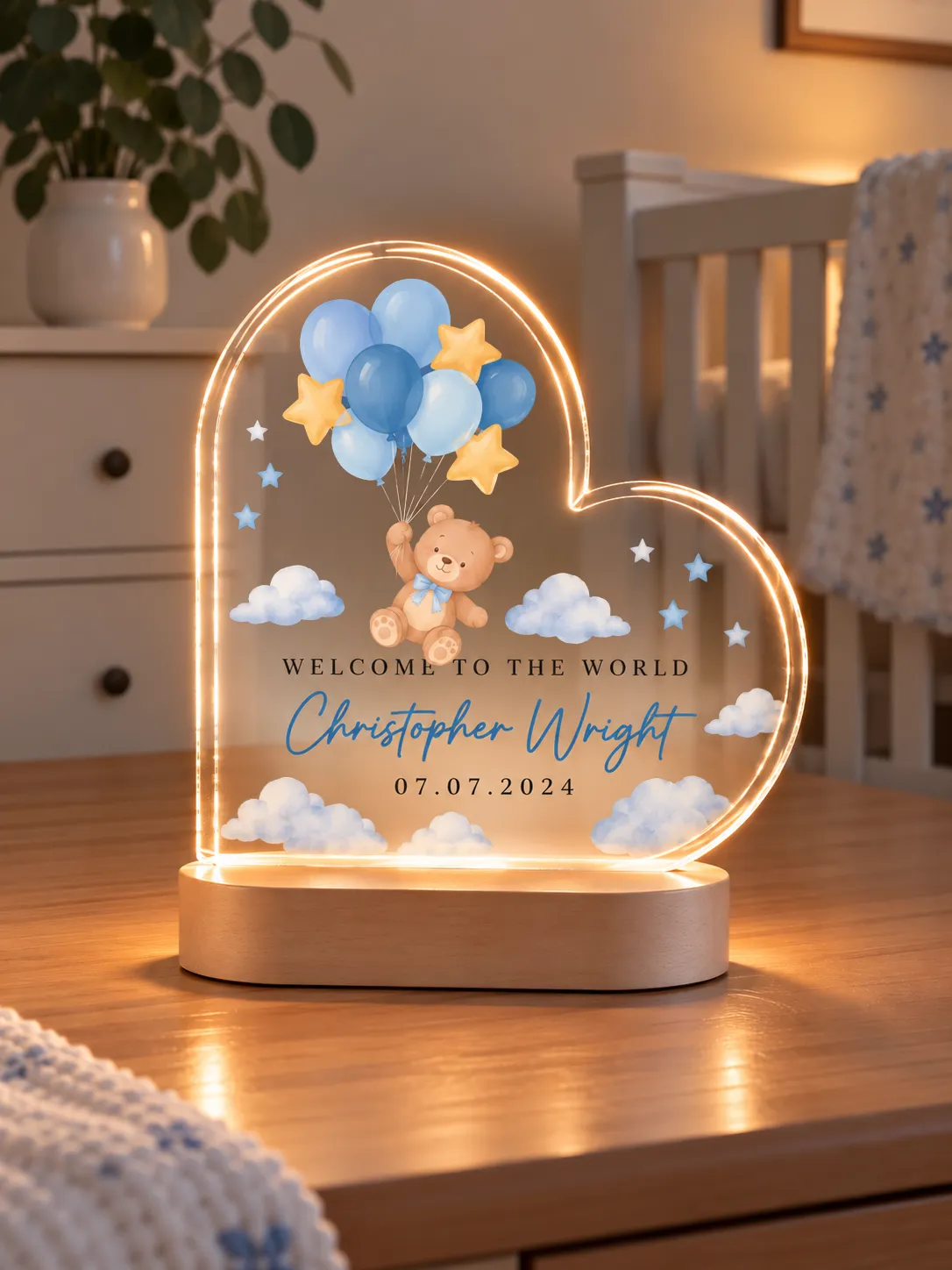 Personalized heart shaped acrylic night light with custom baby name, birth date and teddy bear design