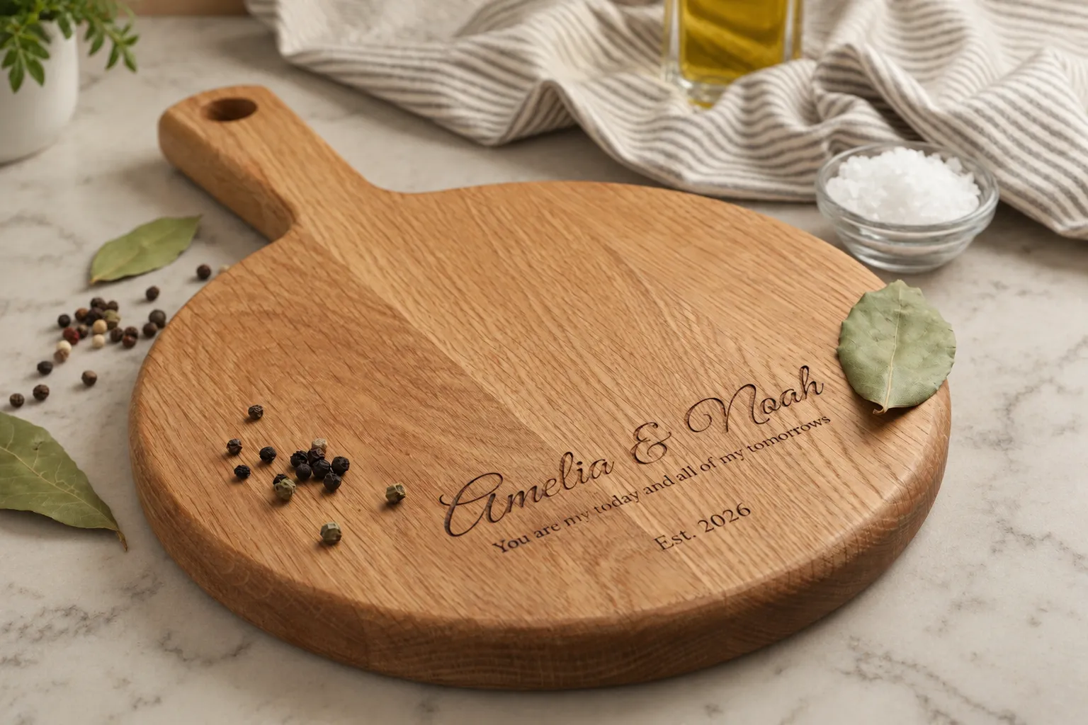 Personalized wooden serving board engraved with custom couple names, message and date