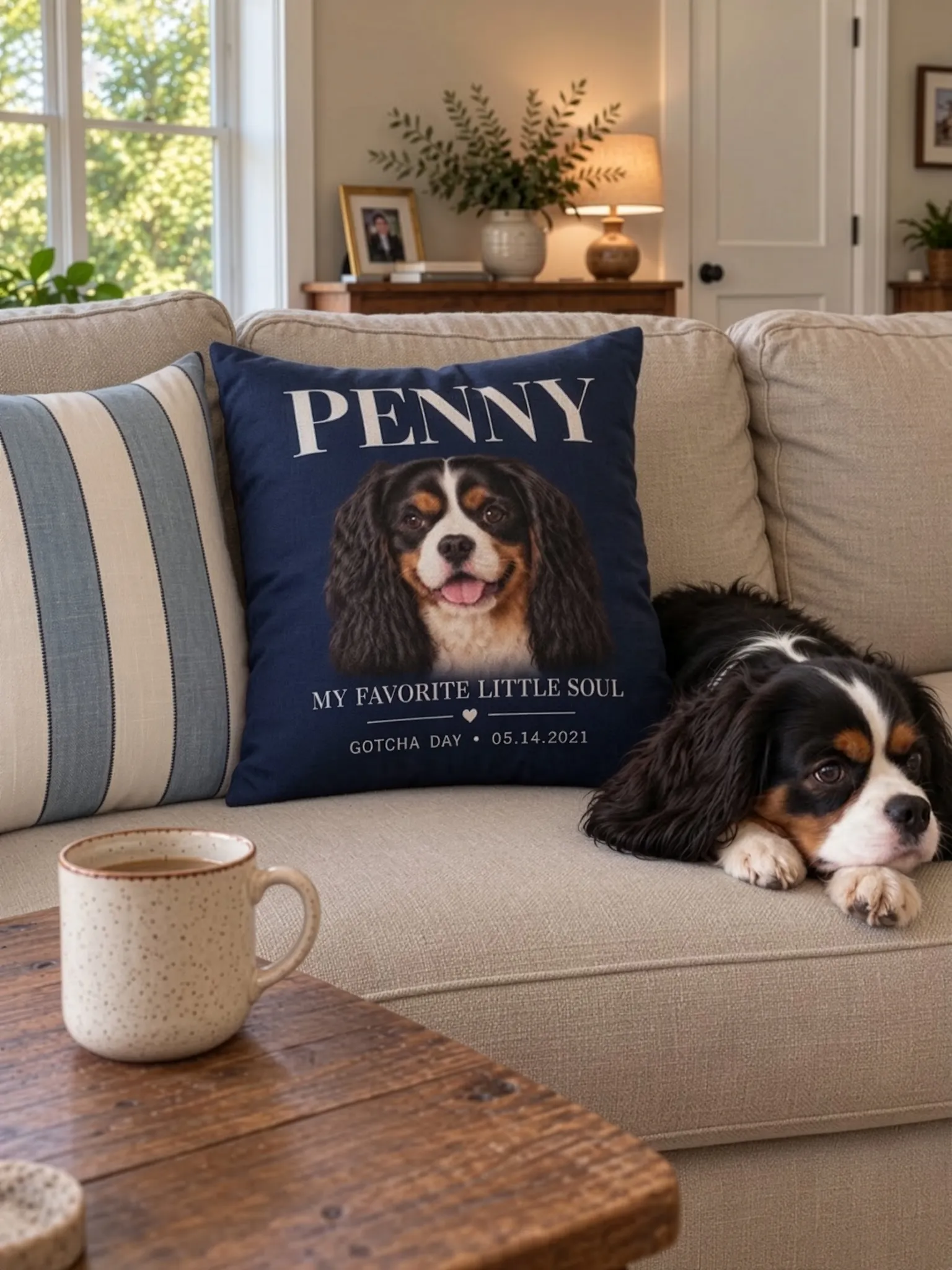 Personalized pet pillow with custom dog photo, pet name, and date