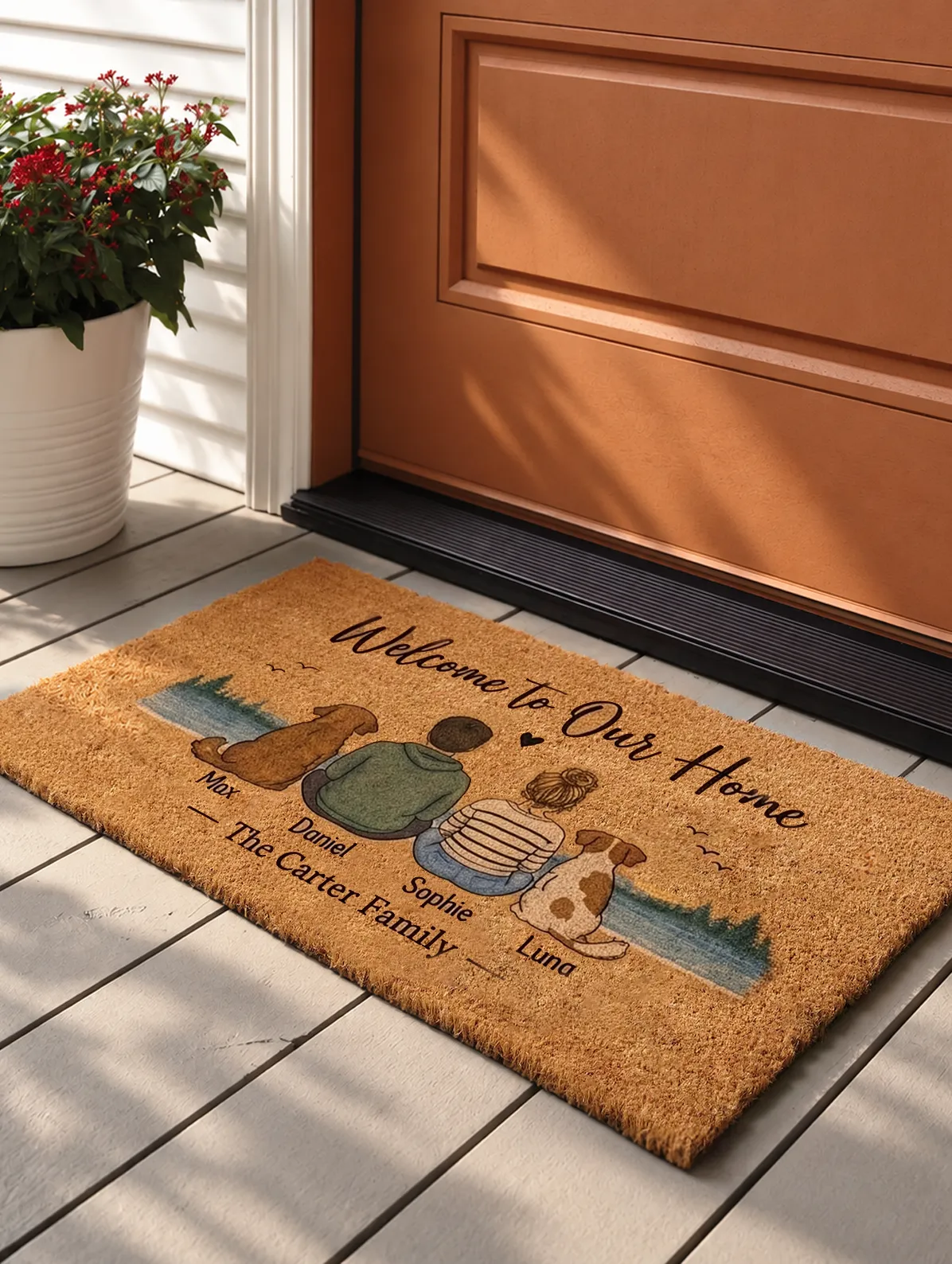 Personalized door mat with custom family names, pets and illustrated family design