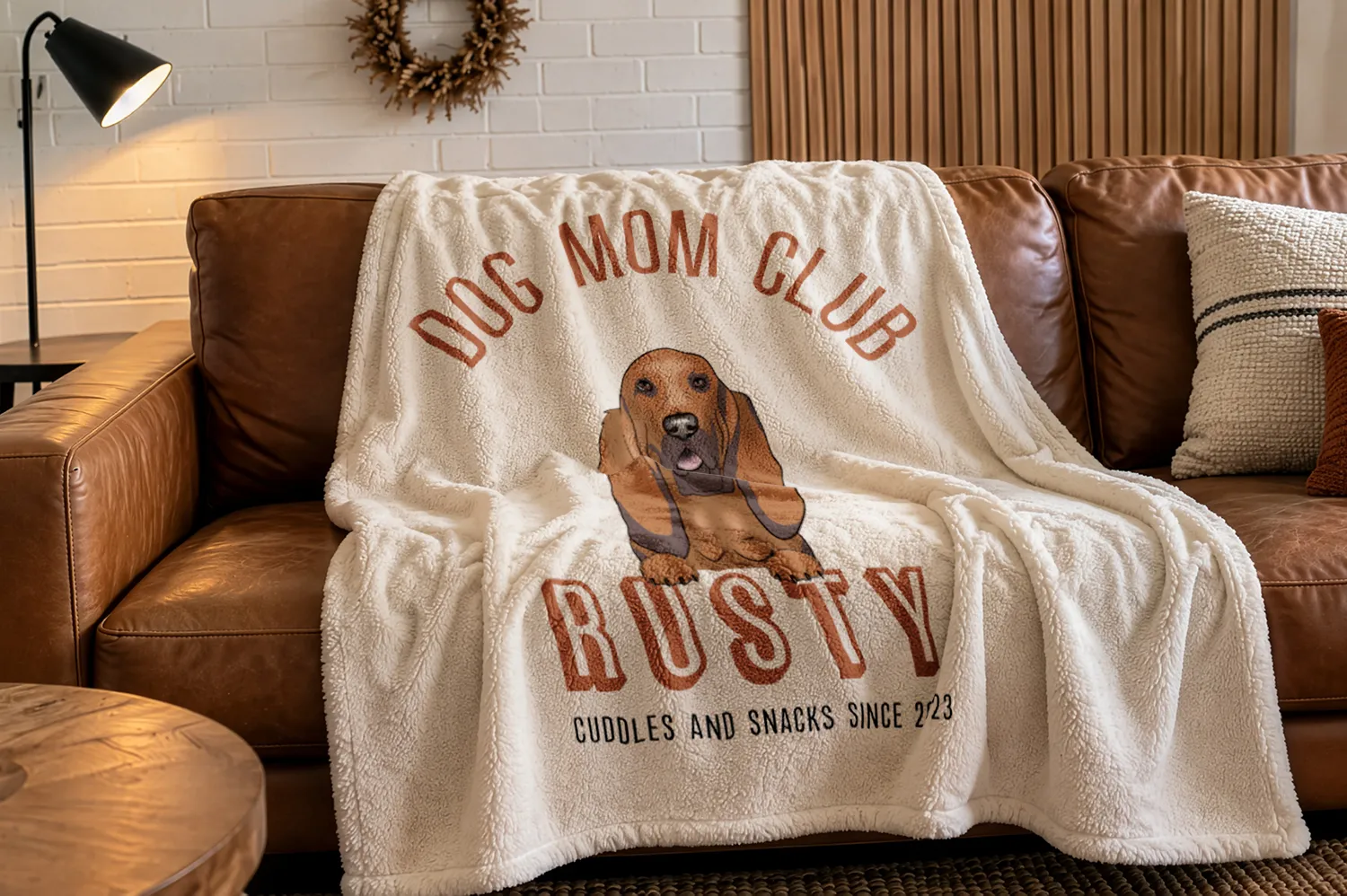 Personalized sherpa blanket with custom dog illustration, pet name and text