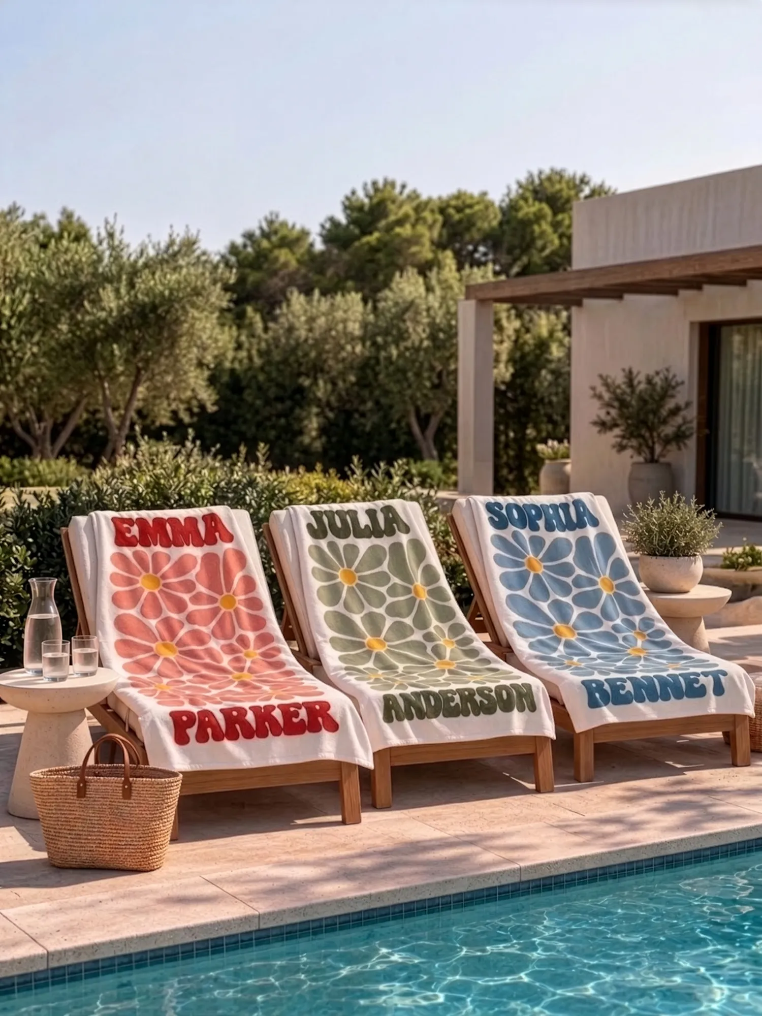 Personalized pool towels with custom names and colorful floral designs