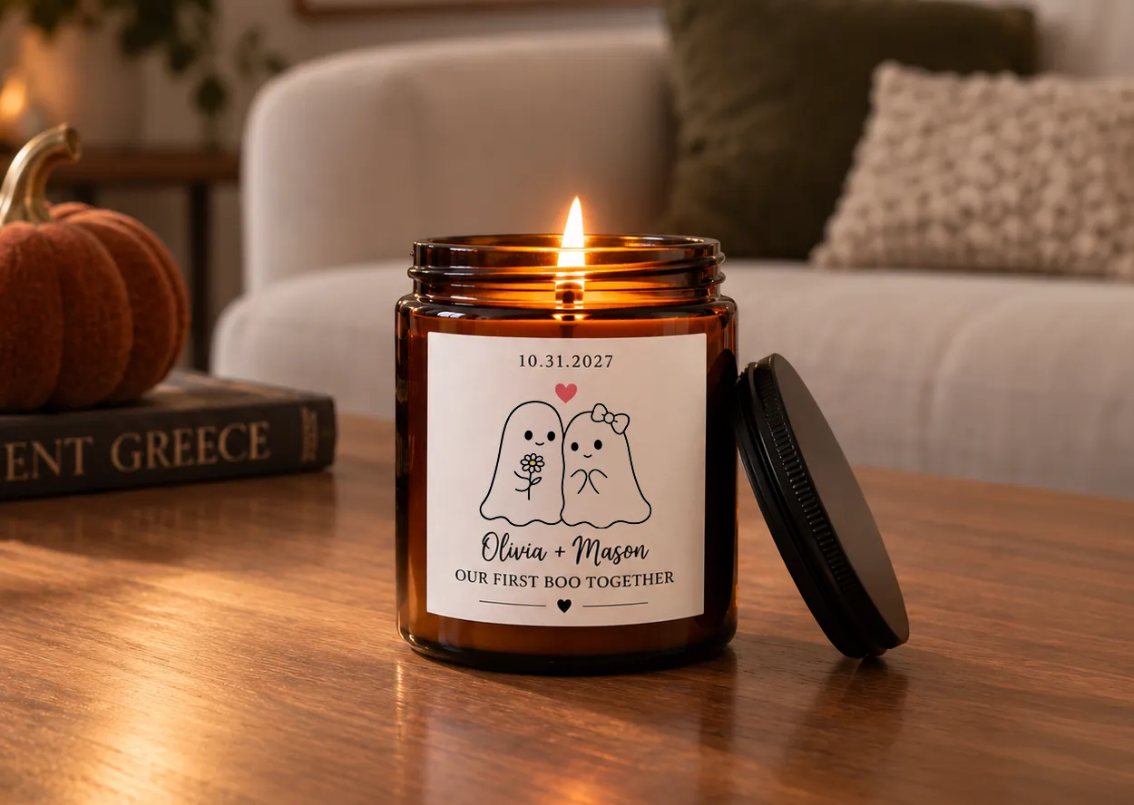 Personalized Halloween candle with custom couple names, date and seasonal design