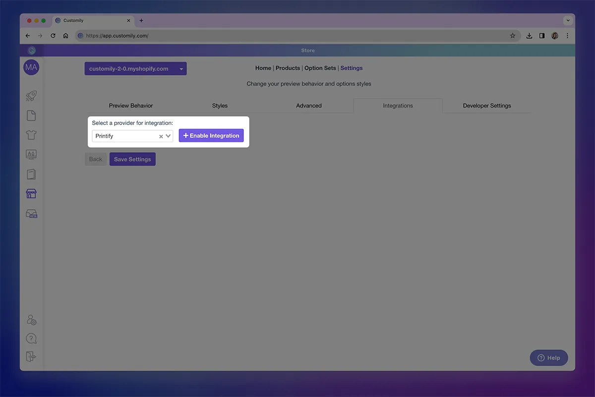 Selecting a POD provider on Customily.