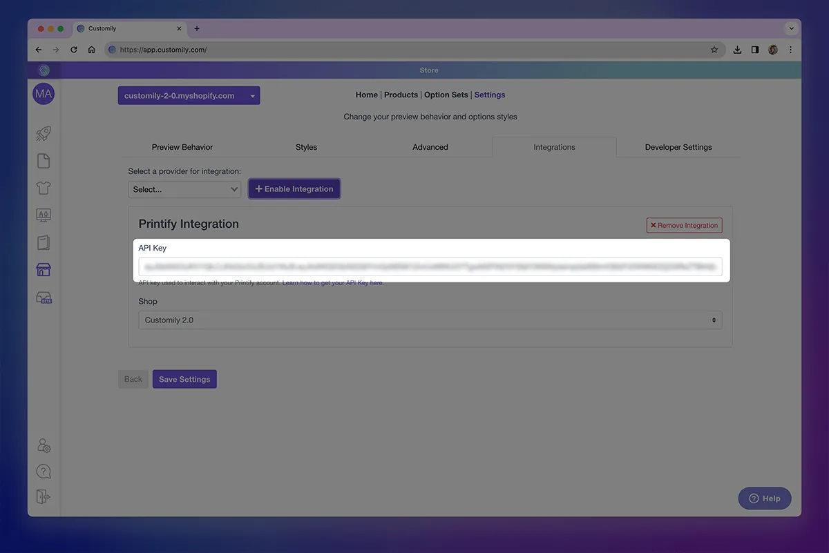 Adding the API key of the POD in Customily.