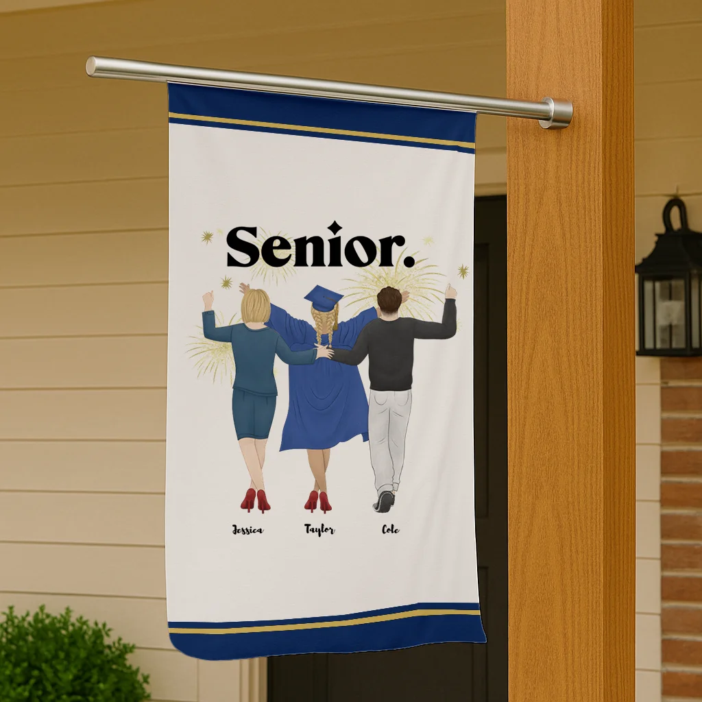 Custom graduation flag with illustrated characters and personalized names below a “Senior” title
