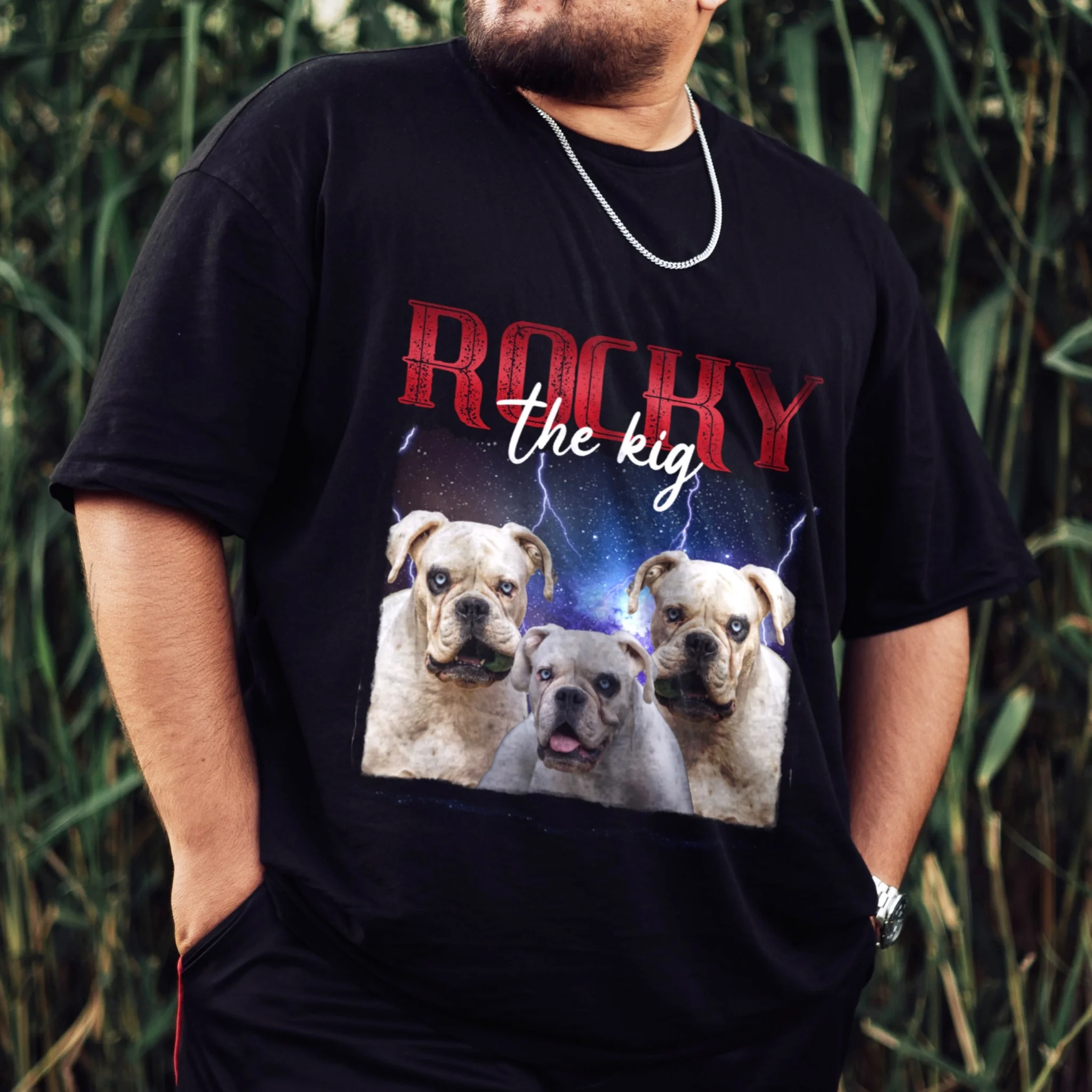 Black t-shirt featuring a personalized dog portrait design with the name “Rocky the king” printed on the front.