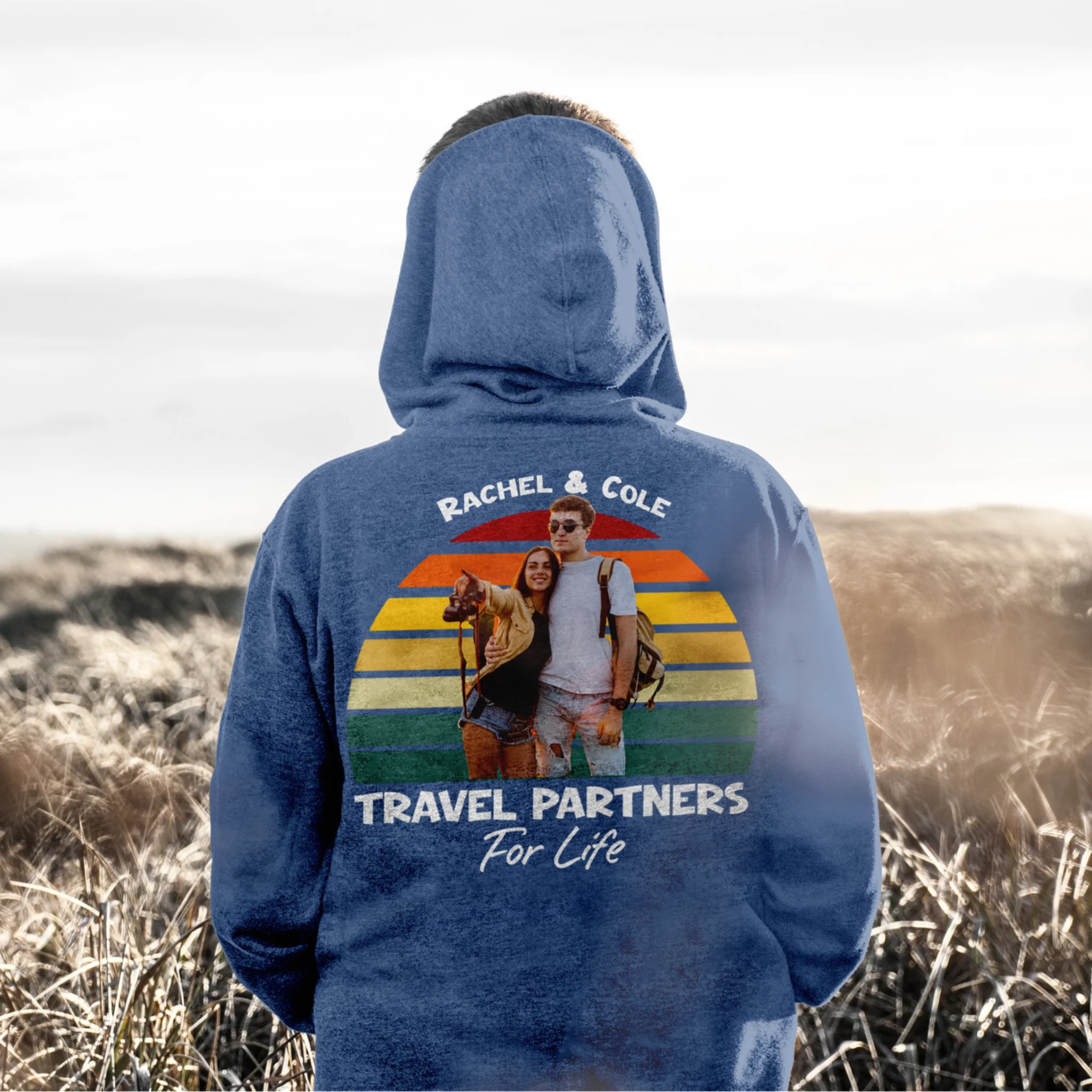 Personalized hoodie with retro couple design and “Travel Partners for Life” text printed on the back.