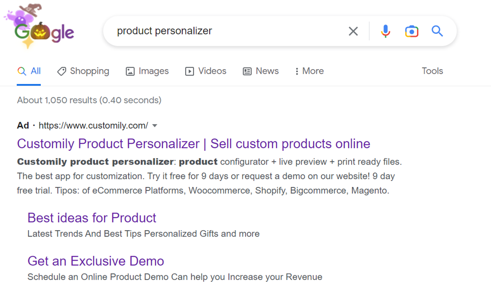 Example of Google Search Ad of Customily