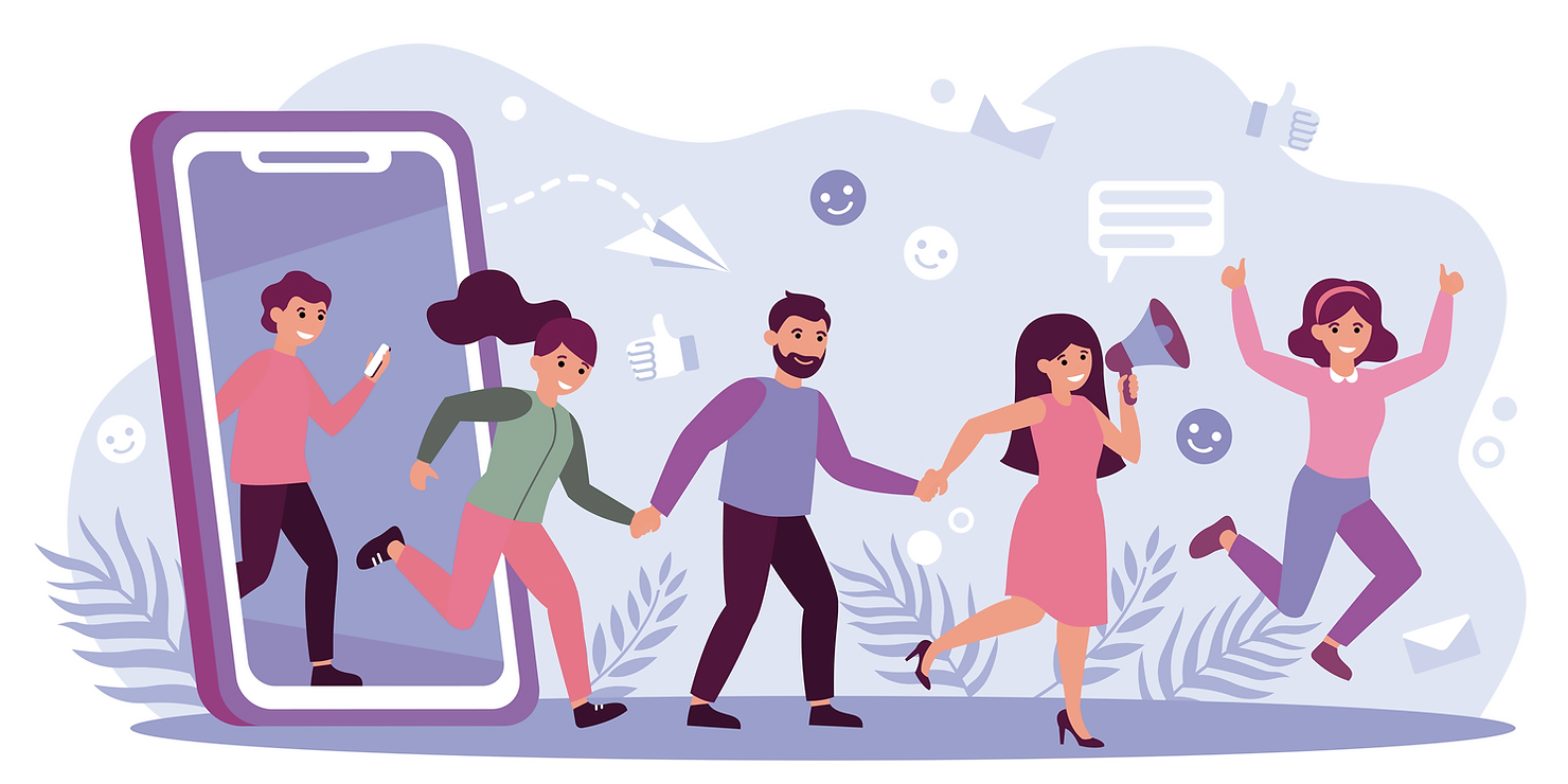 Infographic people running out of a mobile phone