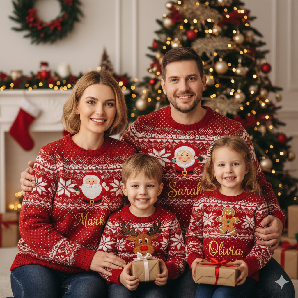 Family with personalized christmas sweaters