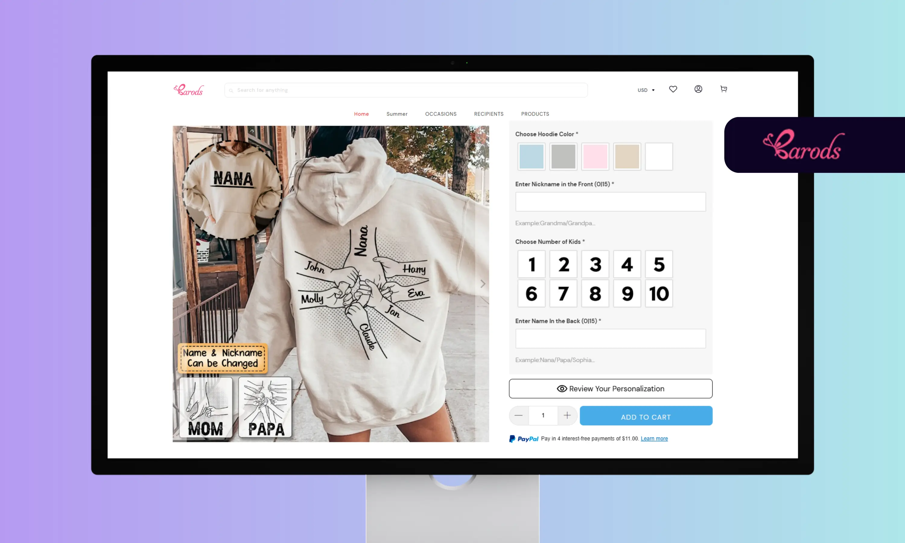 Screenshot of Barods website showing a personalized product