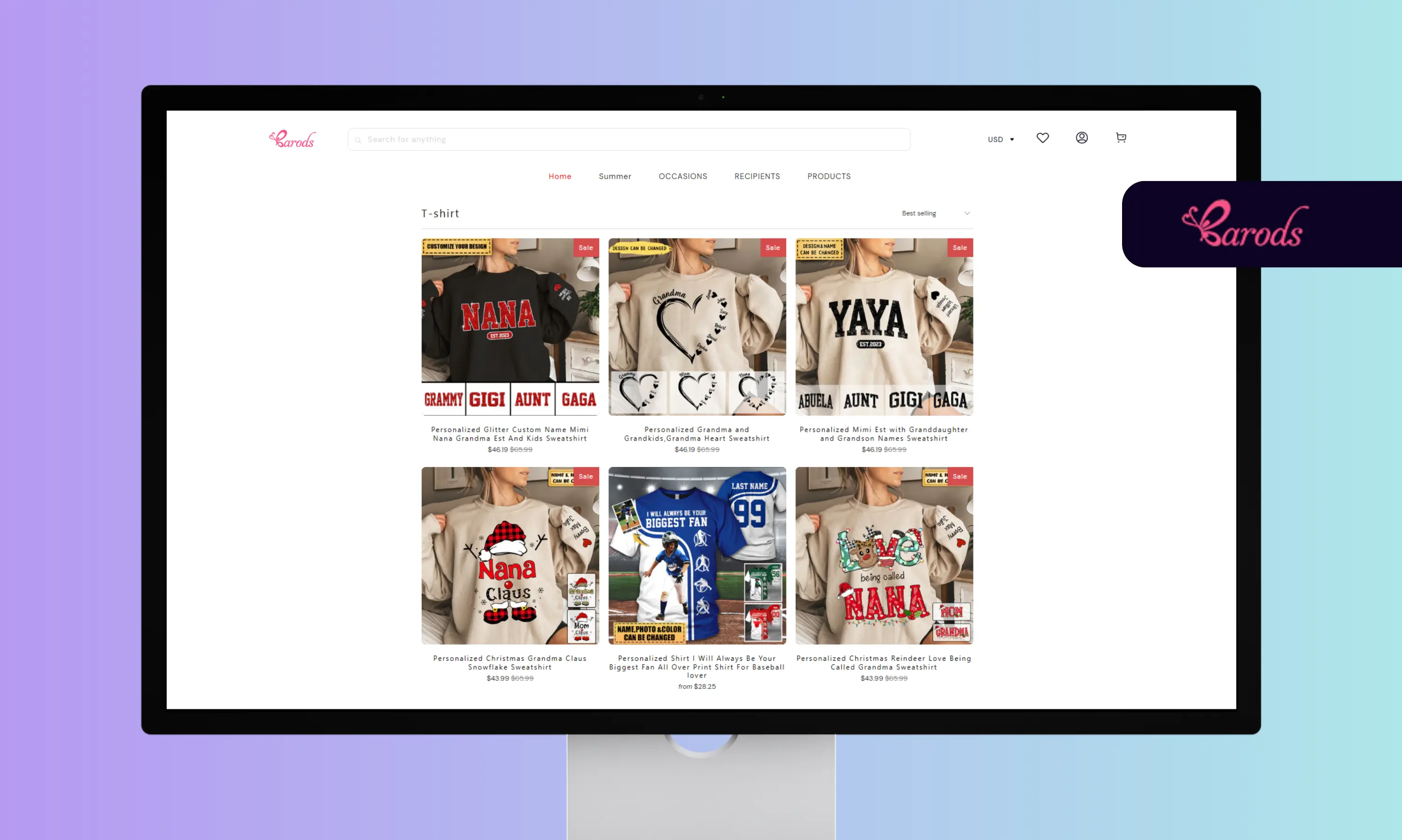 Screenshot of Barods website showing a personalized product
