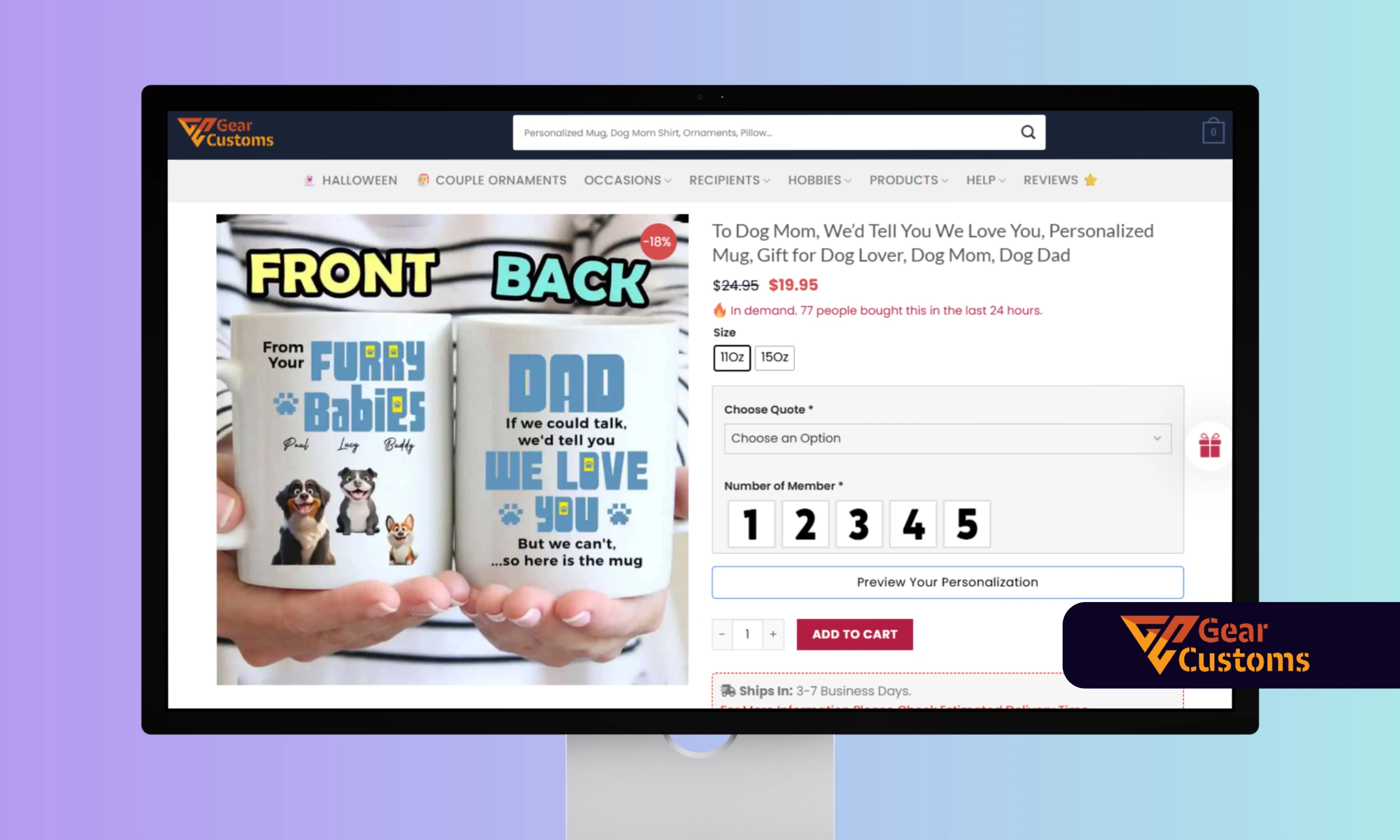 GearCustom website with a personalized product