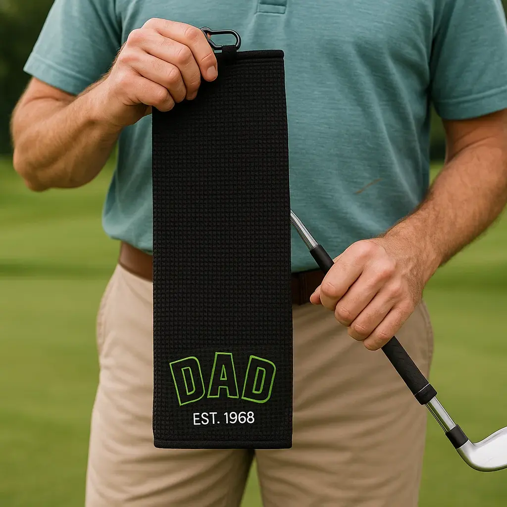 Man holding a golf club and a personalized black towel