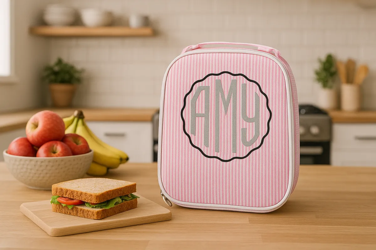 Pink striped lunch bag personalized, placed on a kitchen counter