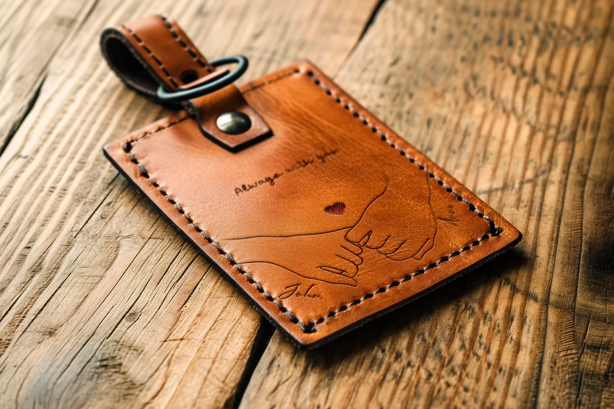Engraved leather tag with holding hands illustration and the phrase ‘Always with you