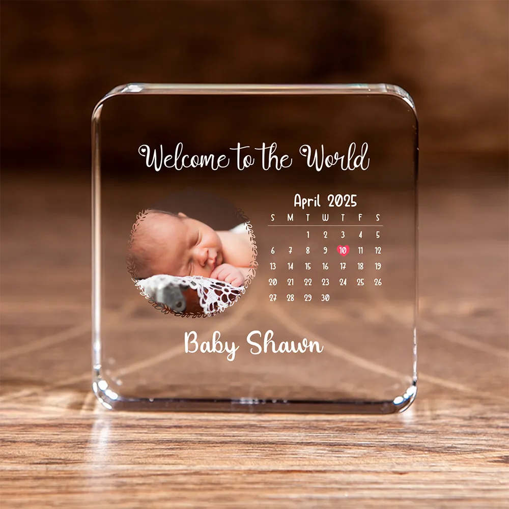 Customized crystal square gift featuring a newborn baby photo and birthdate calendar, ideal for personalized baby gifts.