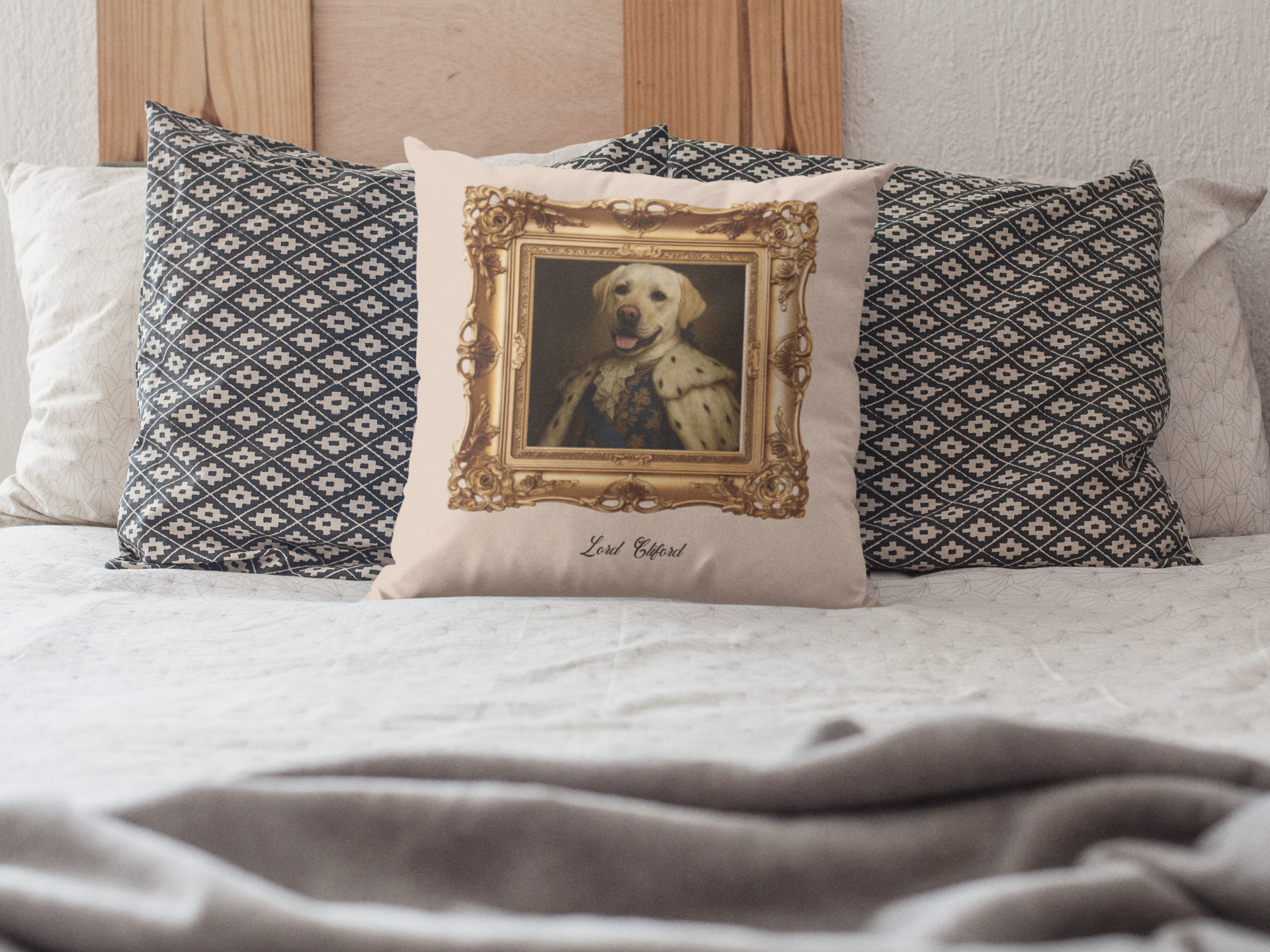 Personalized pillow featuring a dog portrait in a royal costume, styled as a framed painting
