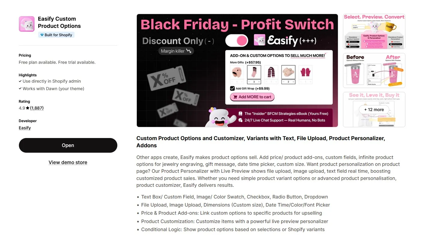 Easify Custom Product Options Shopify Listing