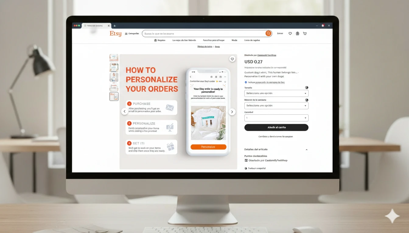 Computer with an Etsy shop on the screen