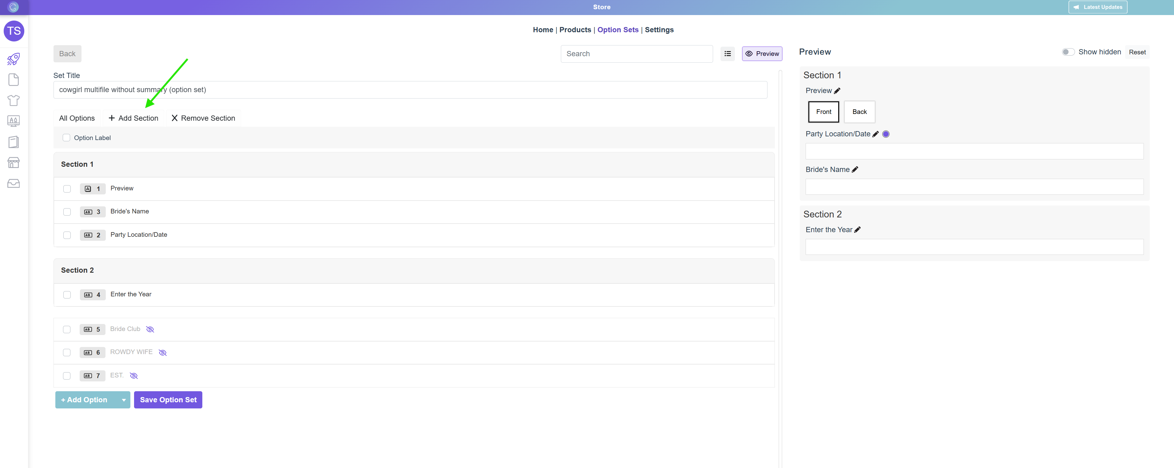 sections for option sets example