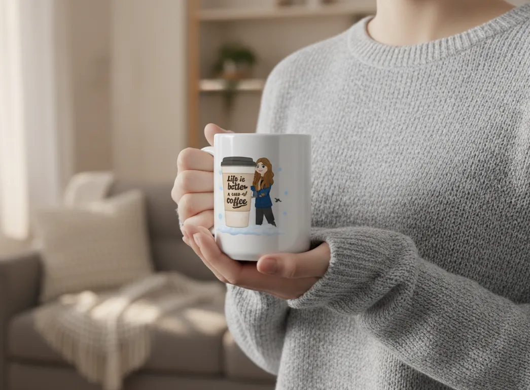 Girl holding a mug personalized with Customily