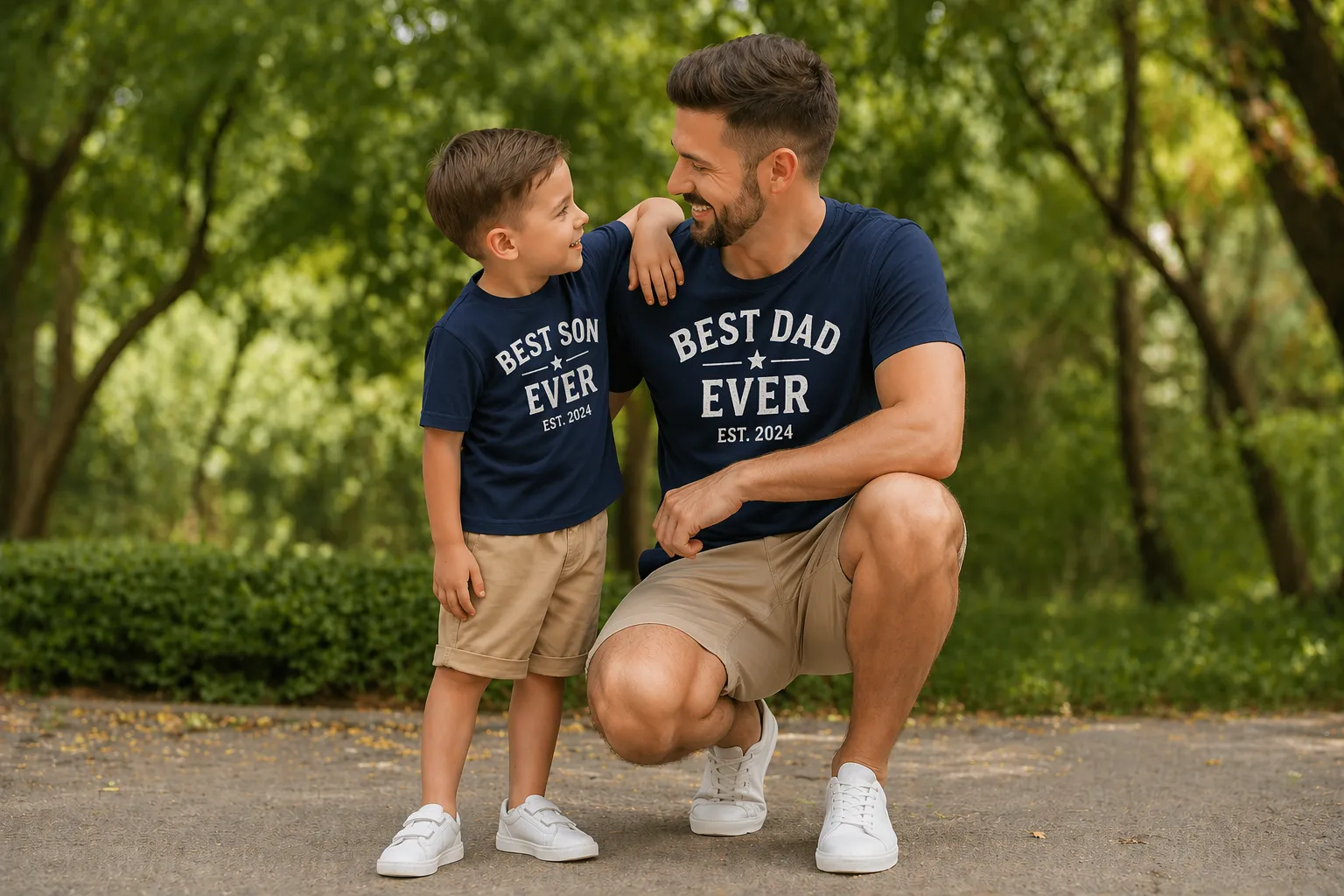 Dad and son with personalized matching shirts