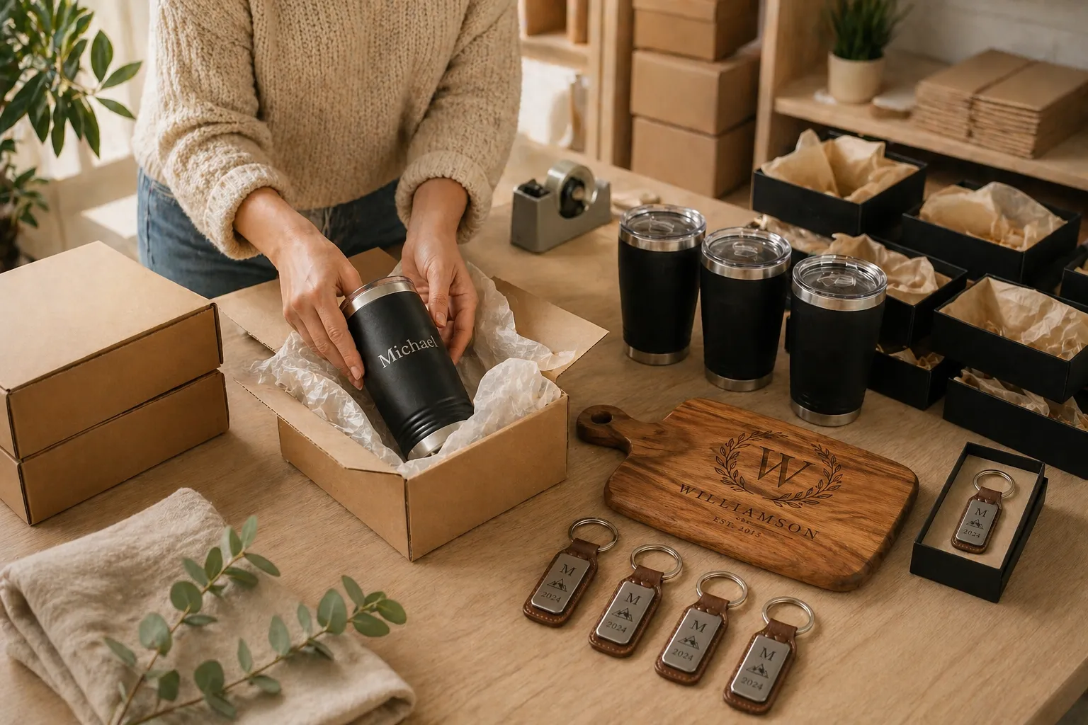 Person with a set of personalized gifts ready to ship