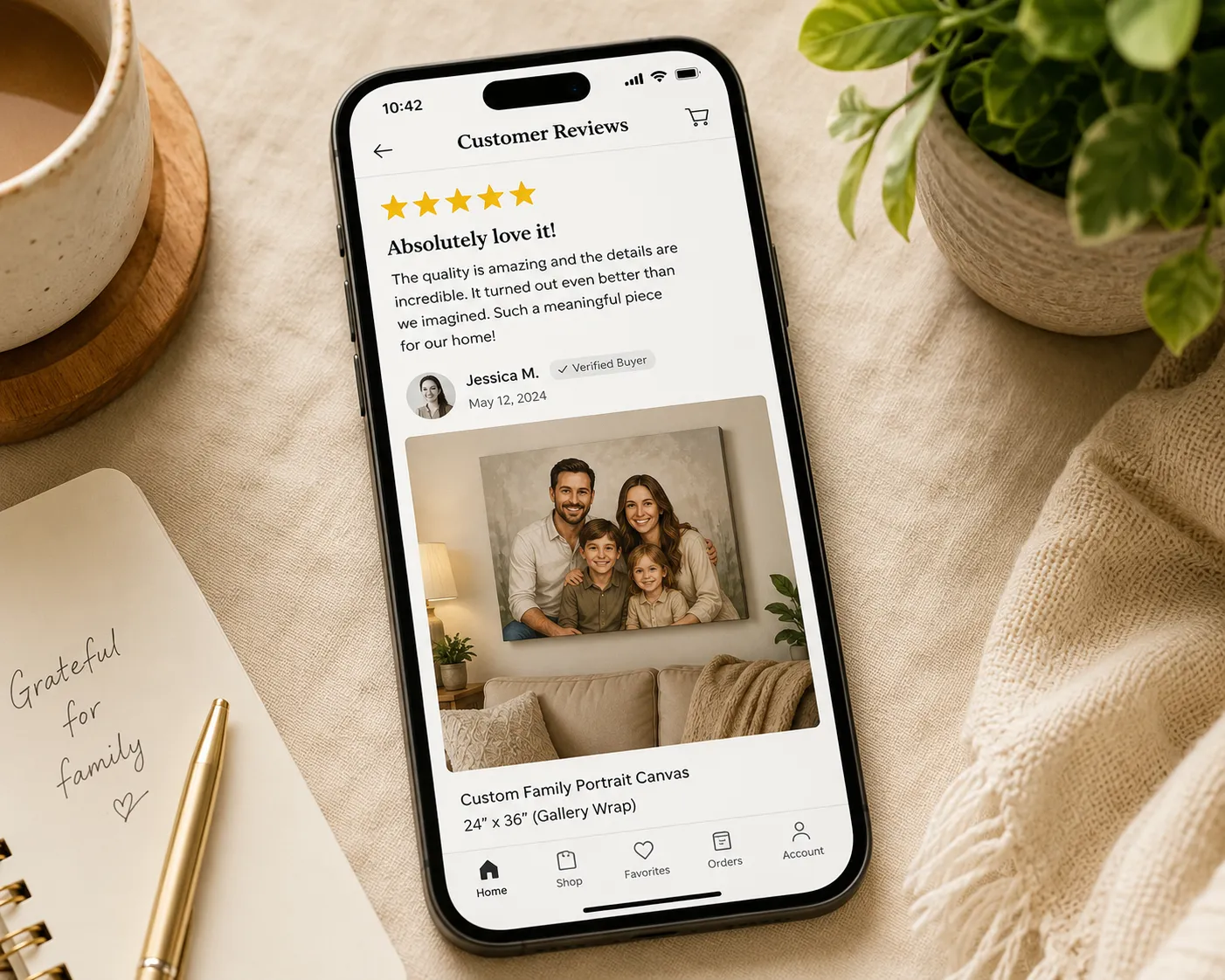 Mobile with a store review on the screen