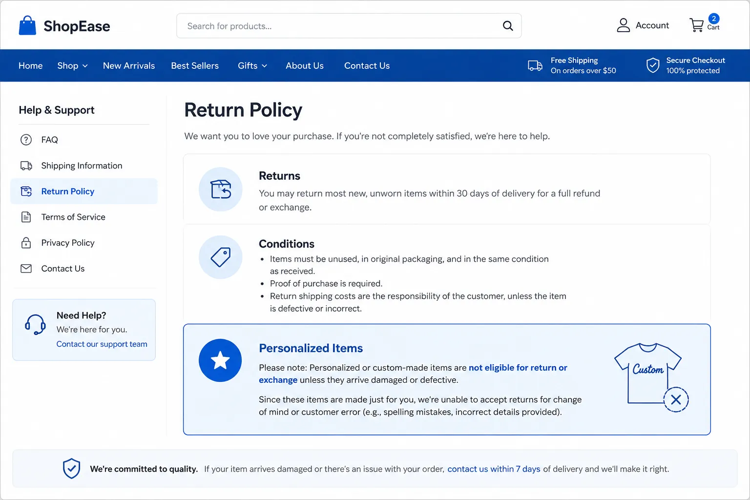 Example of a return policy on a website